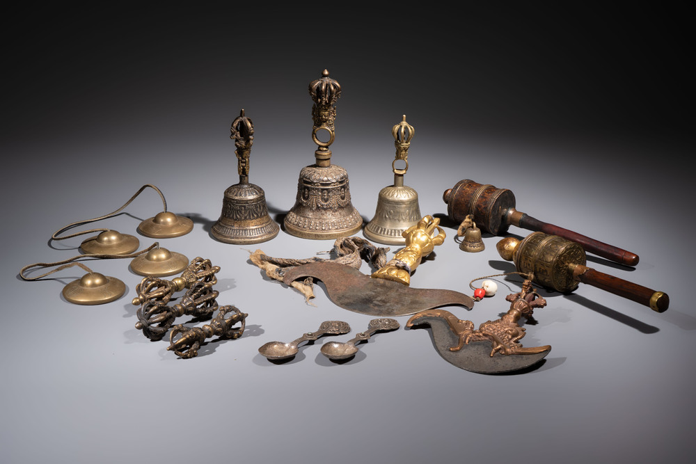 A varied collection of 14 Tibetan ritual utensils, 19/20th C.