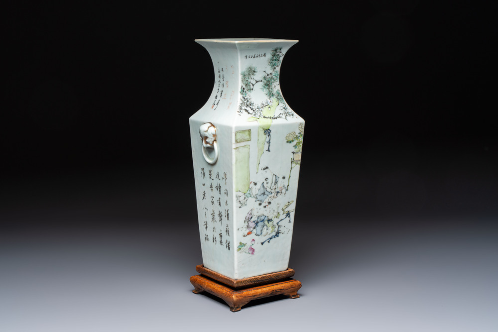 A Chinese qianjiang cai square vase on a wooden stand, signed Ma Qingyun 馬慶雲 and seal mark, dated 1913