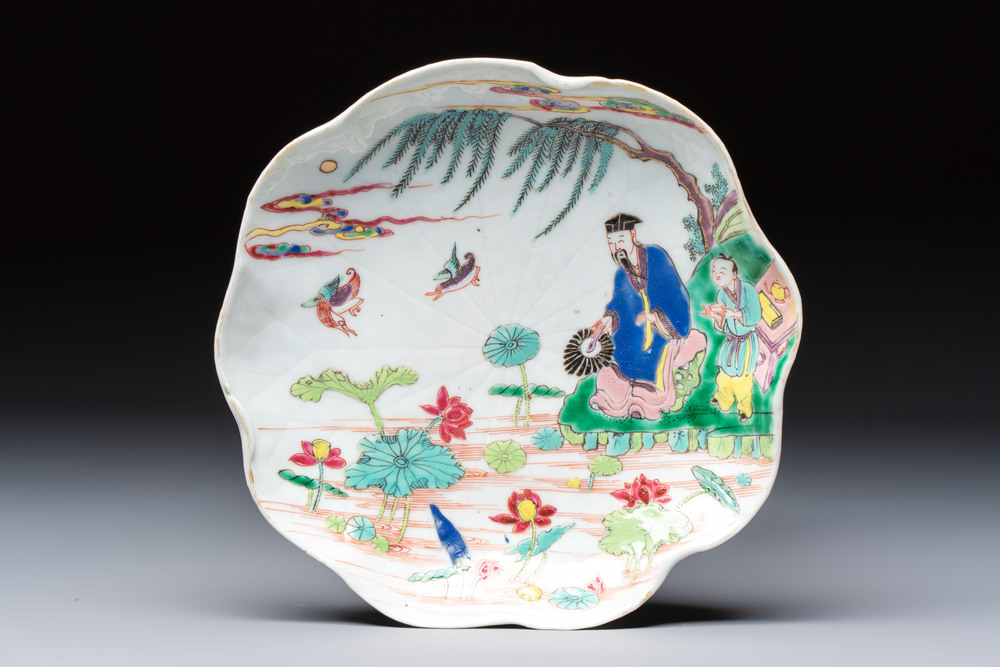 A rare Chinese famille rose 'Lotus Pond' plate, Yongzheng