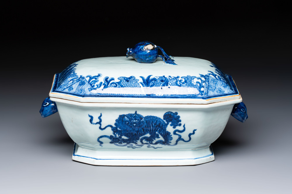 A Chinese blue and white 'Buddhist Lion' tureen and cover, Qianlong