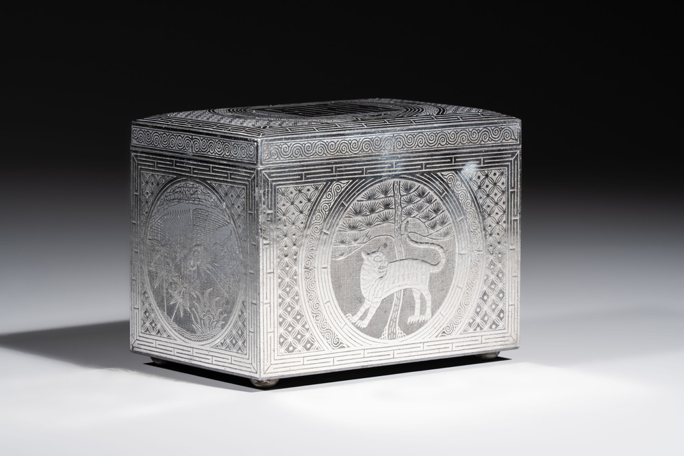 A Korean silver and iron covered box with auspicious motifs, Joseon, 19th C.