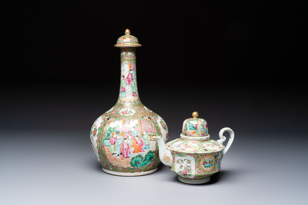 A Chinese Canton famille rose covered bottle vase and a teapot, 19th C.