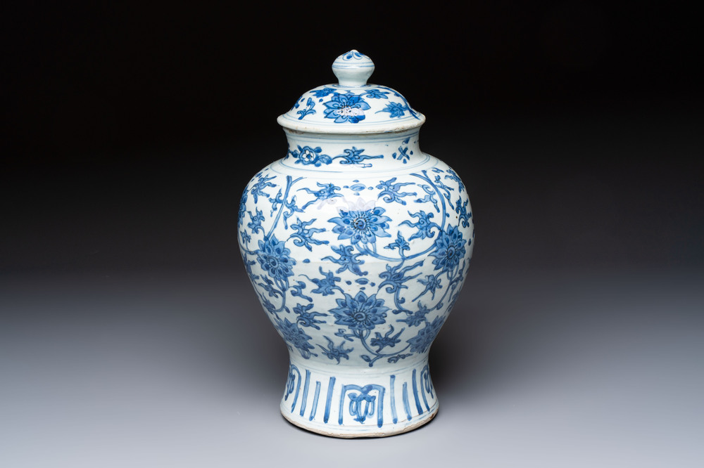 A Chinese blue and white 'Lotus Scroll' vase and cover, Ming