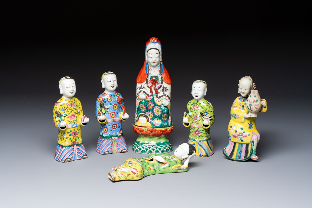 Six Chinese famille rose figures, one with a 'Lotus Throne' stand, 19th C.