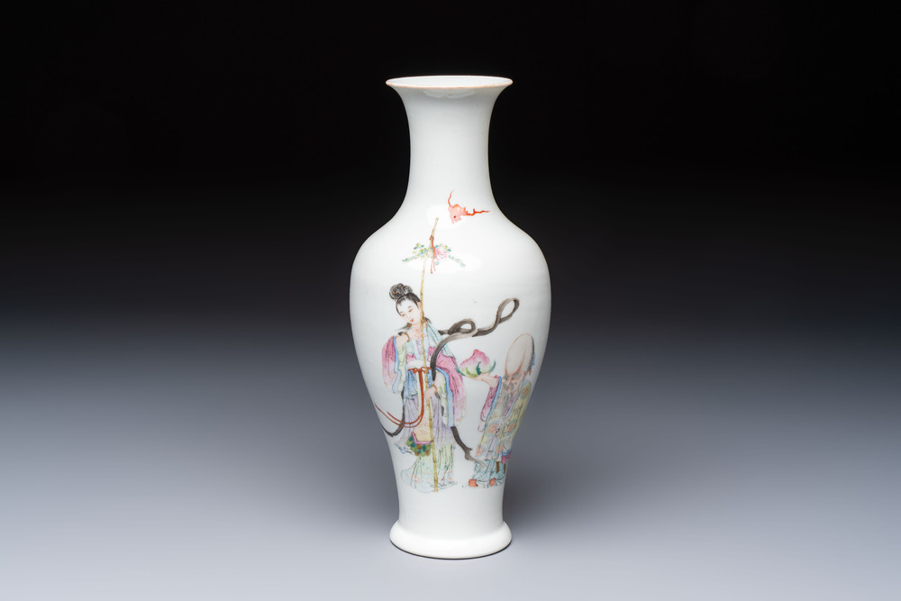 A Chinese famille rose 'Magu and Shoulao' vase, Shen De Tang Zhi 慎德堂製 mark, Republic