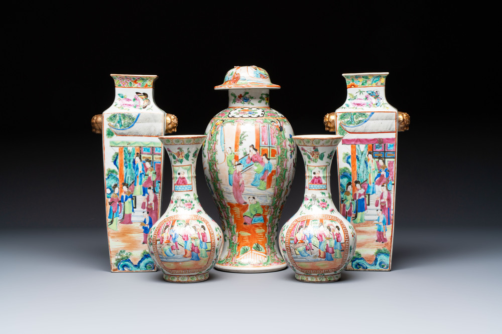 Five Chinese Canton famille rose vases with narrative design, 19th C.