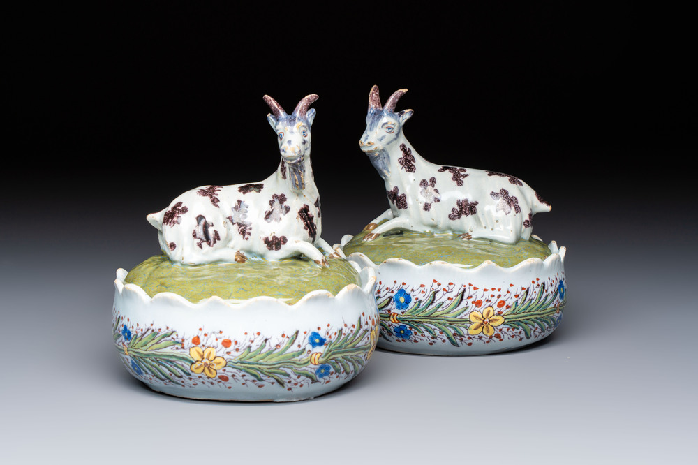 A pair of rare polychrome Dutch Delft 'Goat' tureens and covers, 18th C.