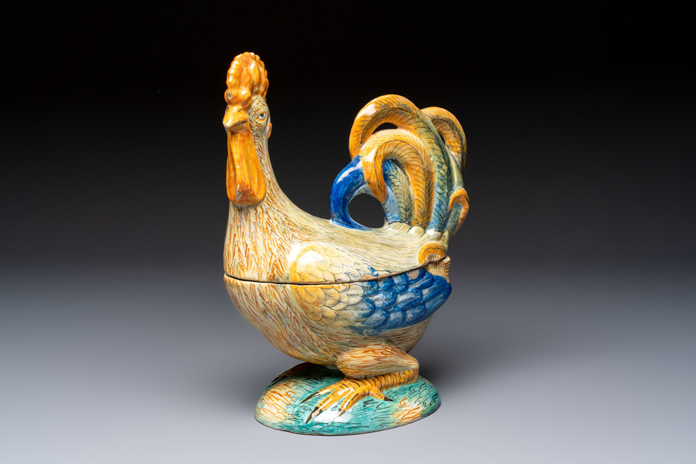 A large polychrome Italian maiolica 'Rooster' tureen and cover, 18th C.