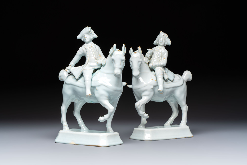 A pair of fine white Dutch Delft 'Riders on Horseback' groups, 18th C.