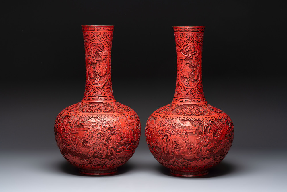 A pair of Chinese cinnabar lacquer 'Xi Xiang Ji' 'Tianqiu Ping' vases, 20th C.