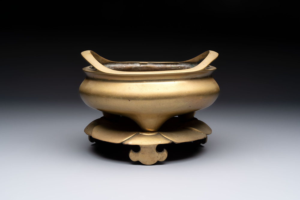 A large Chinese bronze tripod censer and stand, Wu Chen Mi Sheng Tang 戊辰米生堂 mark, dated 1868