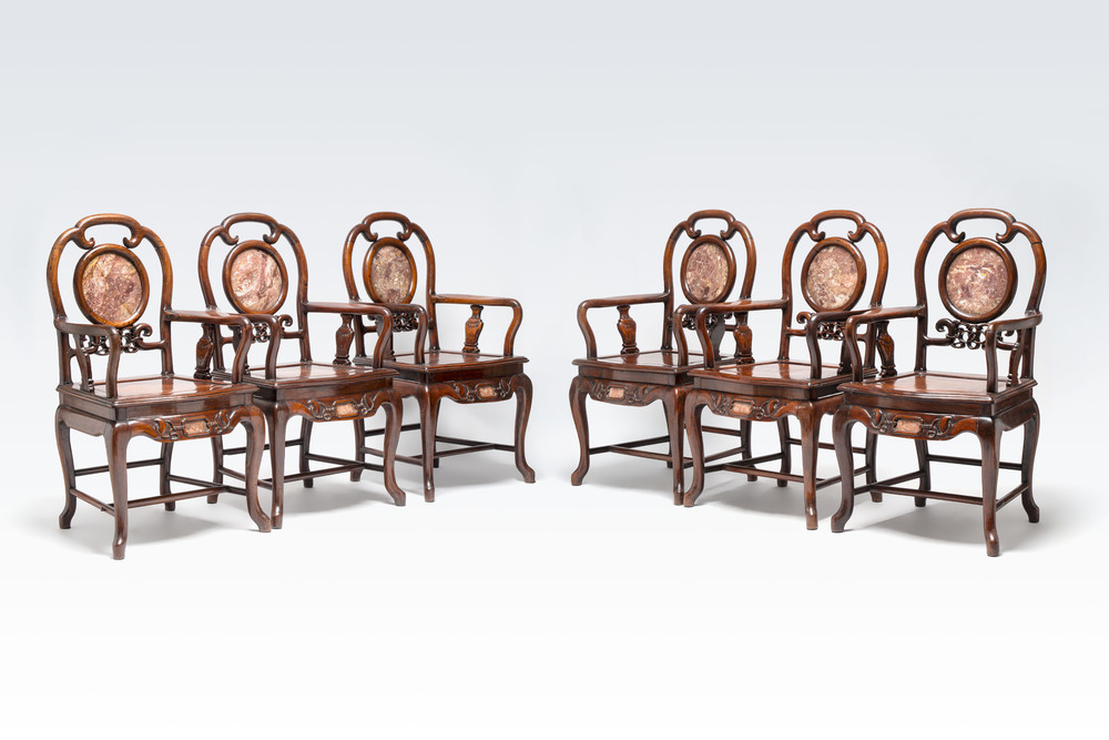 A set of six fine Chinese marble-inset hongmu chairs, 19th C.