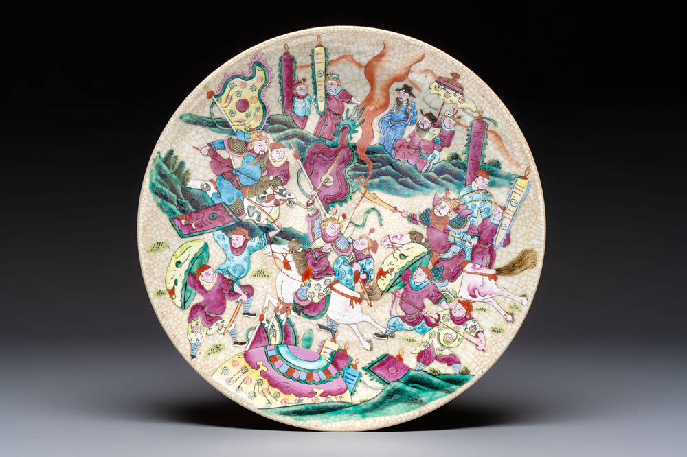 A Chinese Nanking famille rose 'Romance of the Three Kingdoms' dish, Chenghua mark, 19th C.