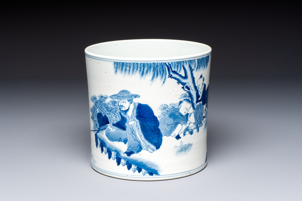 A Chinese blue and white 'Fisherman' brush pot, 20th C.