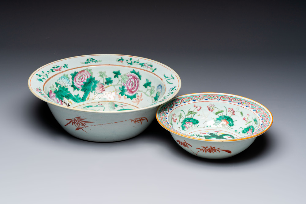 A large Chinese famille rose 'Dragon' basin and a basin with floral design, 19th C.