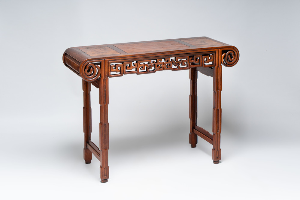A Chinese burlwood-topped hardwood console table, 19th C.