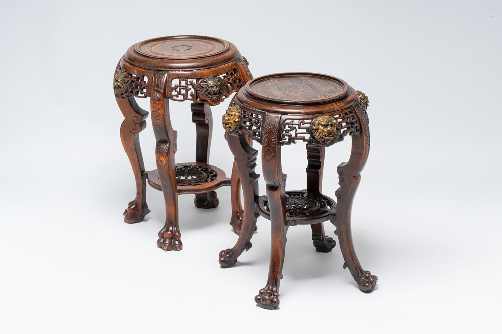 Attributed to Gabriel Viardot (1830-1906): two gilt-bronze-mounted Japonism wooden stands, France, ca. 1900