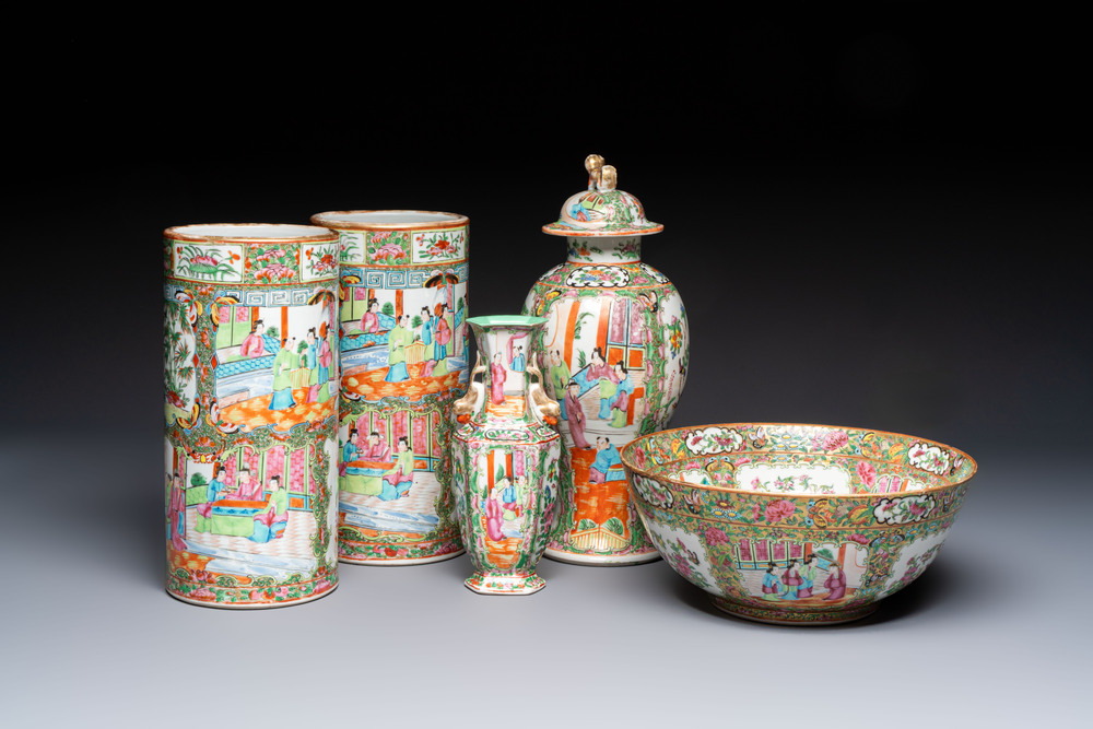 A pair of Chinese Canton famille rose hat stands, a covered vase, a vase and a bowl, 19th C.