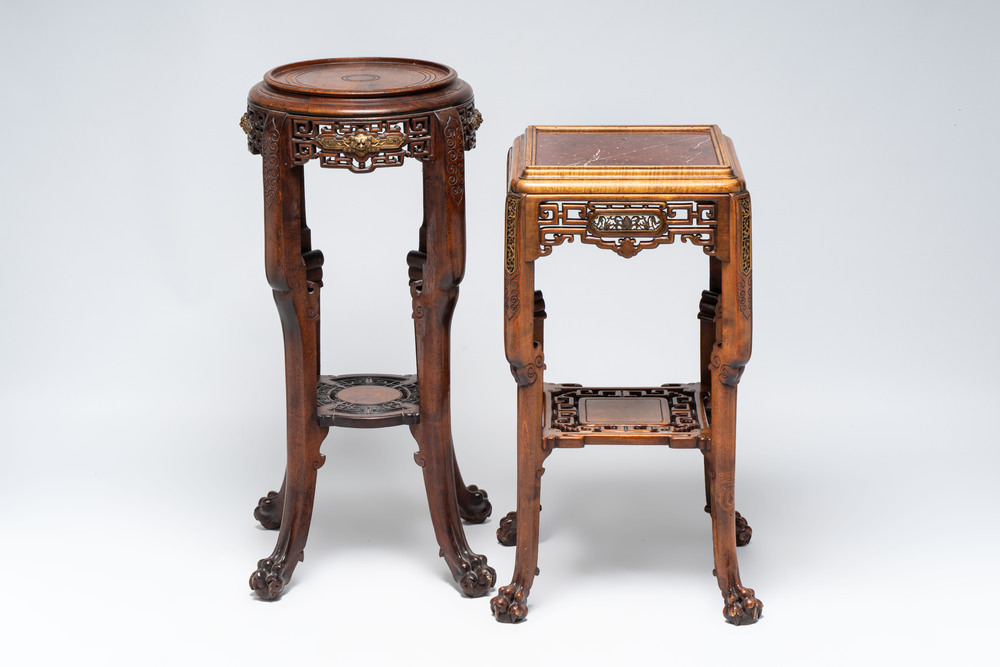 Gabriel Viardot (1830-1906): a gilt-bronze-mounted marble-topped Japonism wooden stand, marked, and one stand attributed to Viardot, France, ca. 1900