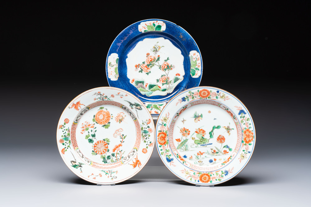 Three Chinese famille verte plates with floral design, one powder-blue-ground, Kangxi