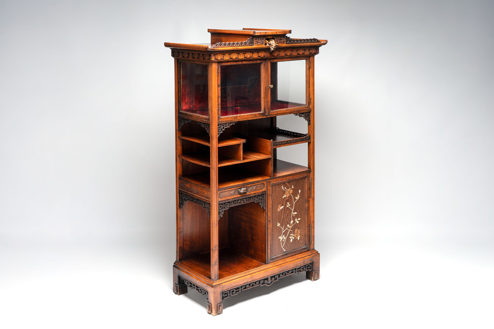 Gabriel Viardot (1830-1906): A wooden Japonism display cabinet with mother-of-pearl and bone inlay, France, marked and dated 1886