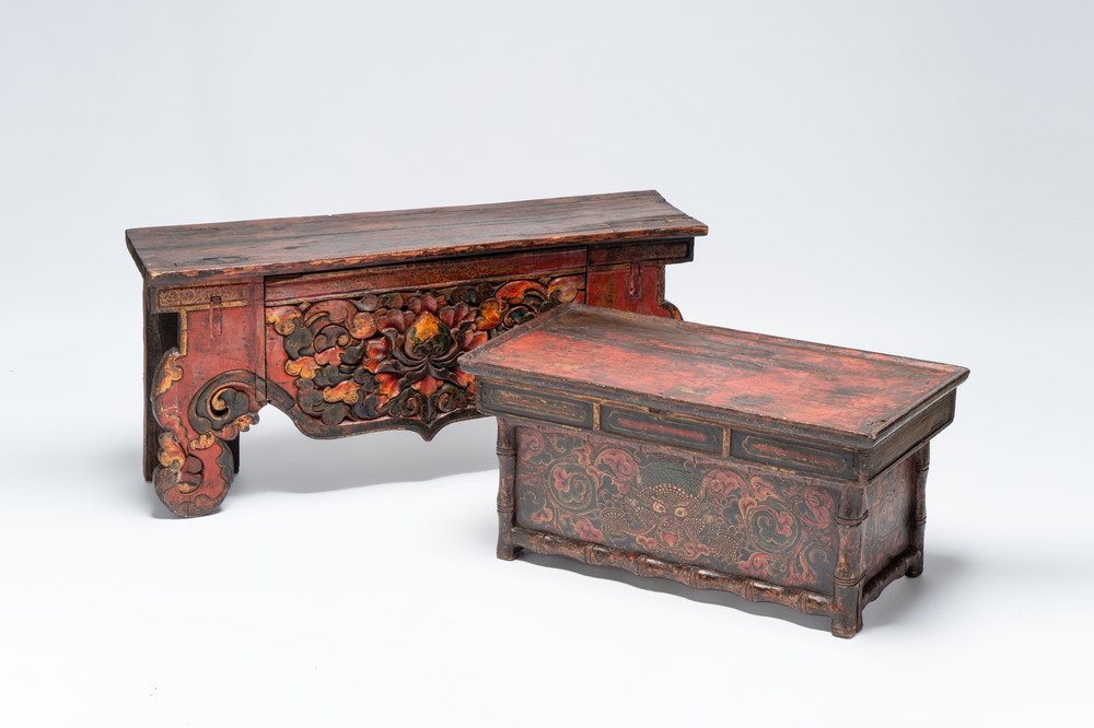 A Tibetan finely painted polychrome wooden folding table and an altar table, 18/19th C.