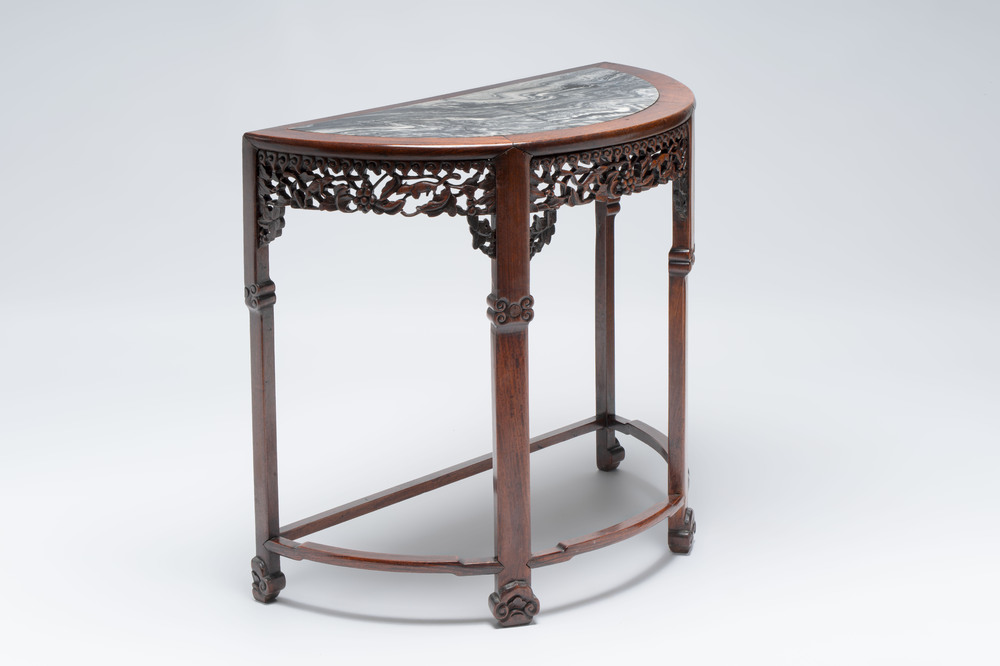 A fine Chinese marble-topped hongmu demi-lune console table, 19th C.