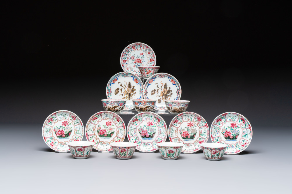 Eight sets of Chinese famille rose cups and eight saucers, Yongzheng/Qianlong