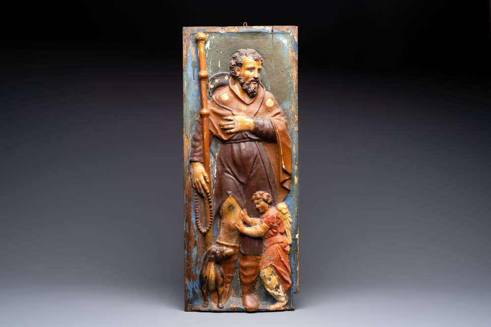 A polychromed carved wooden high relief depicting Saint Roch, probably Spain, 17th C.
