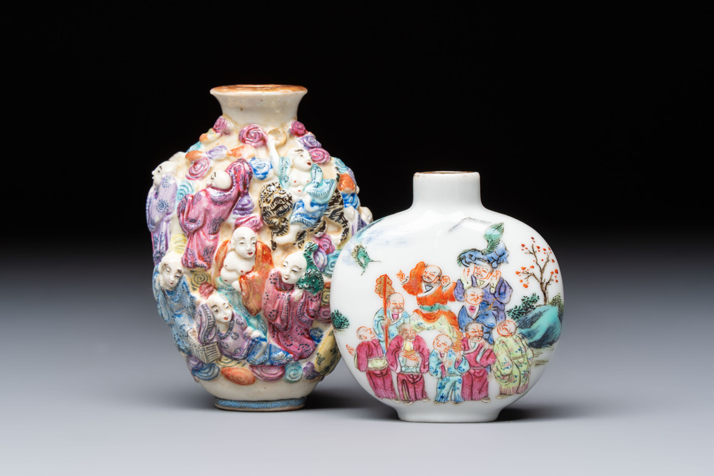 Two Chinese famille rose '18 Luohan' snuff bottles, Qianlong and Daoguang marks, 19th C.