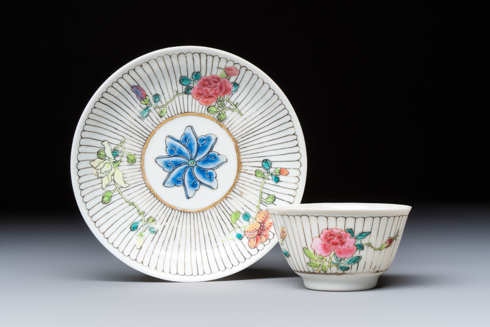 A Chinese famille rose cup and saucer with floral design, Yongzheng