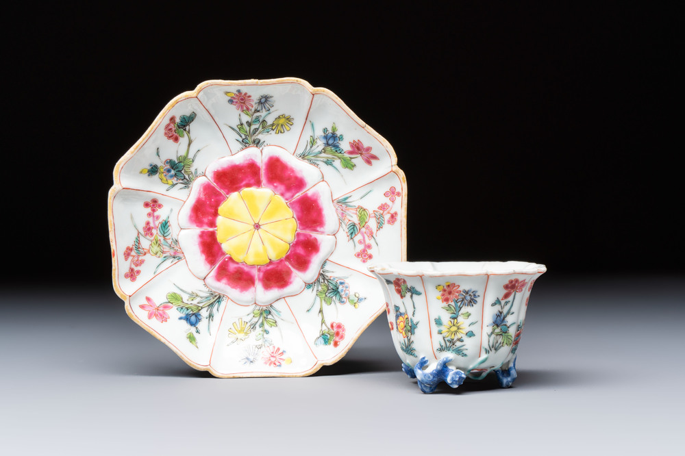 A rare Chinese famille rose moulded cup and saucer with floral design, Yongzheng