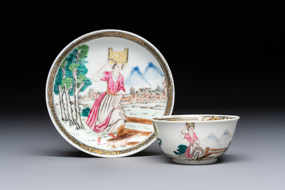 A rare Chinese famille rose erotic 'Milkmaid' cup and saucer, Qianlong, ca. 1740