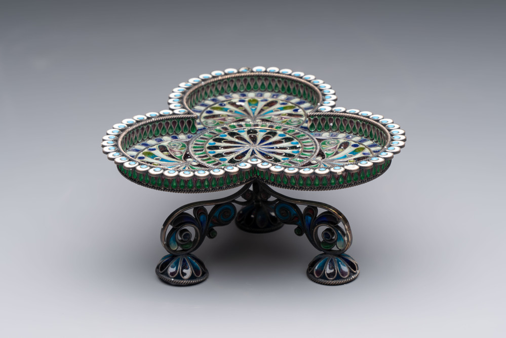 A Russian silver enamel tripod tazza, Julius Rappaport, St. Petersburg, 19/20th C.