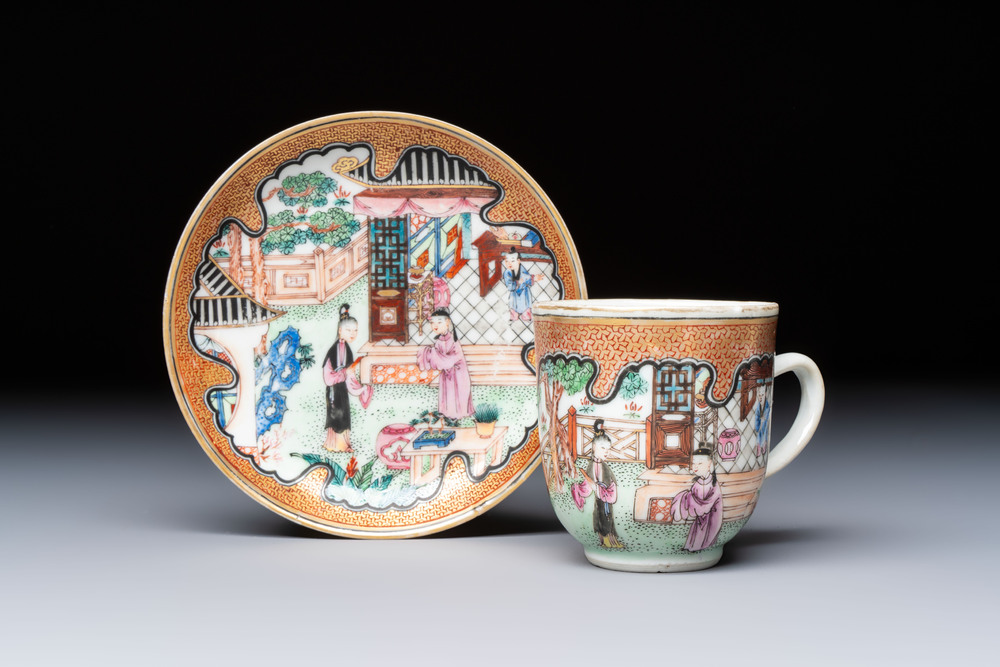 A fine Chinese Canton famille rose cup and saucer with figural design, Yongzheng/Qianlong