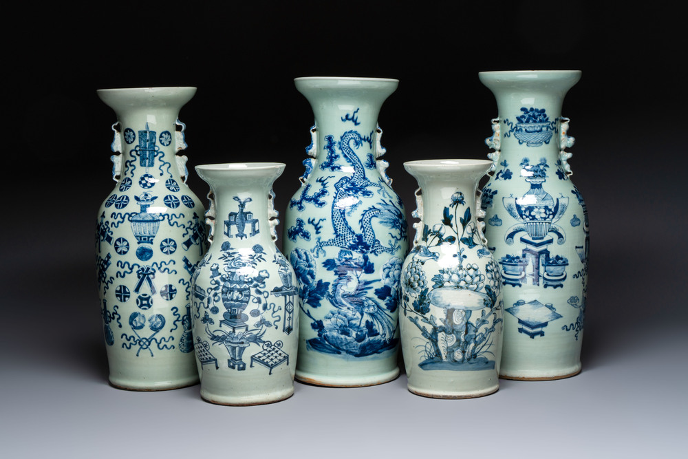 Five Chinese blue and white celadon-ground vases, 19th C.