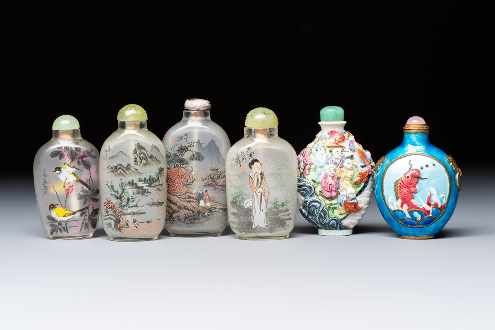 Six Chinese famille rose, enamelled copper and inside-painted glass snuff bottles, various signatures, Qianlong mark, 19/20th C.