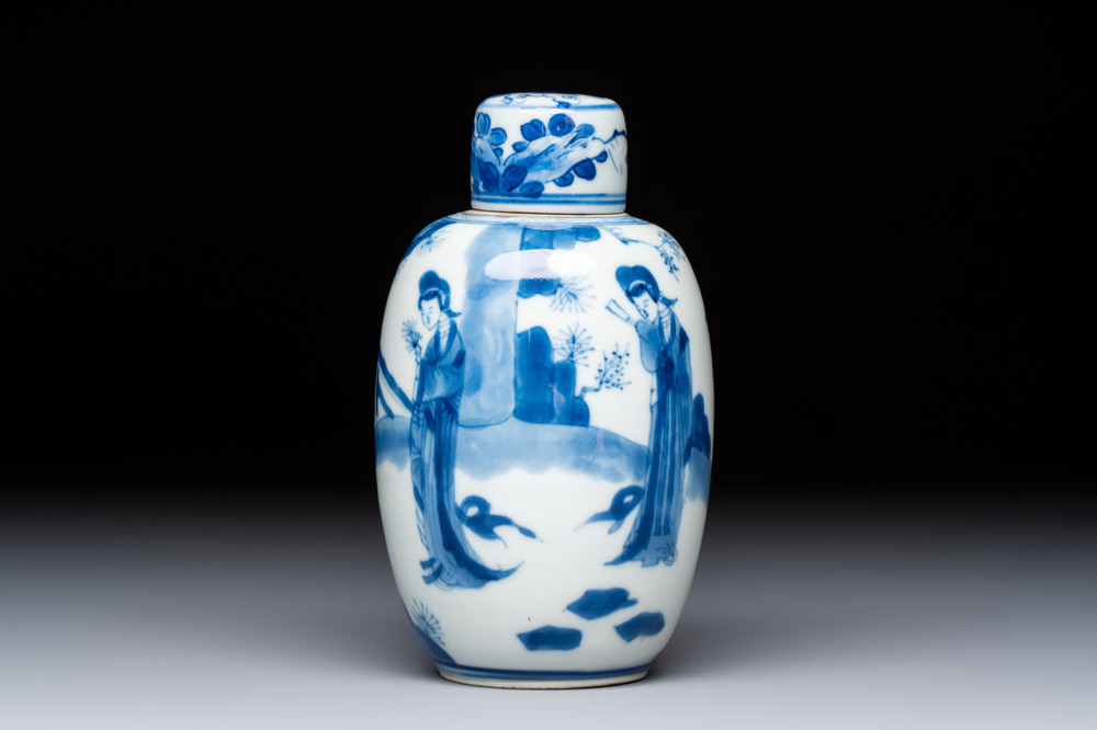 A Chinese blue and white 'Long Eliza' tea caddy and cover, Chenghua mark, Kangxi