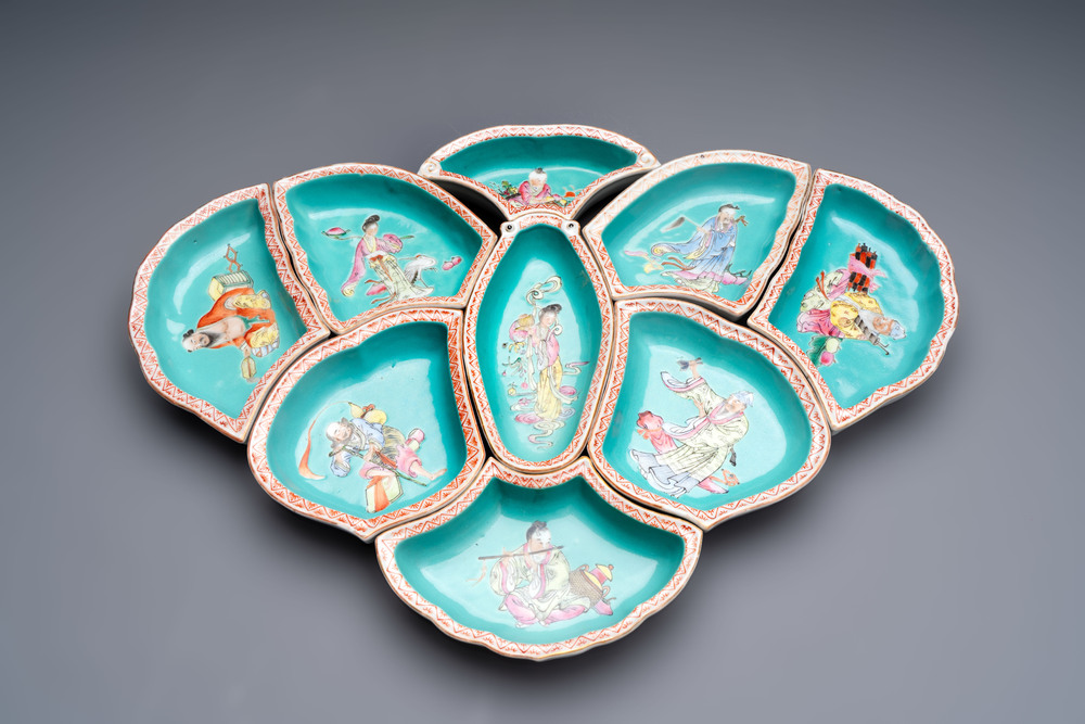 A rare Chinese famille rose turquoise-ground nine-piece 'butterfly' sweetmeat set with immortals, Guangxu mark and of the period