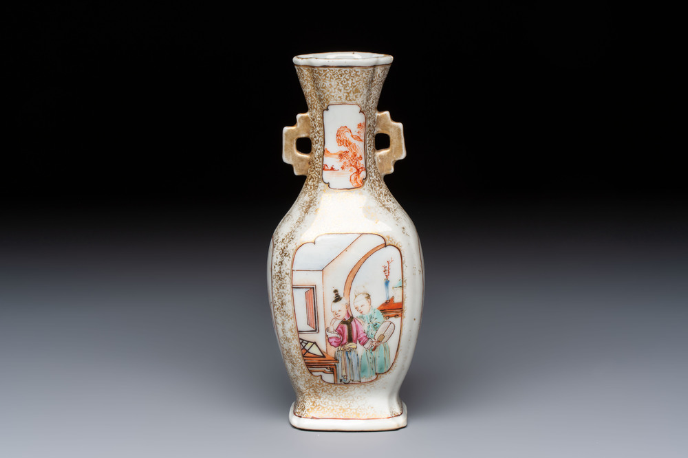 A Chinese Canton famille rose gilt-decorated vase with figural design, Qianlong