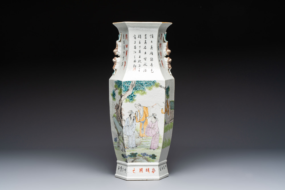A Chinese Qianjiang cai hexagonal 'Figural' and 'Rooster' vase, signed Gao Hengsheng 高恆生, dated 1897