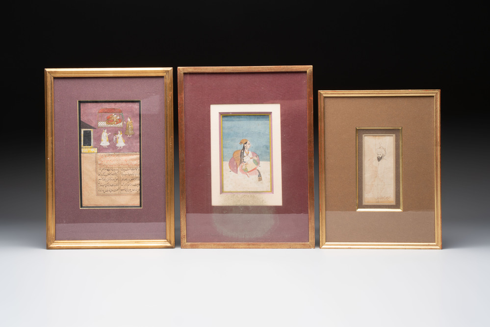 Mughal school: two miniature paintings and a drawing, 18/19th C.