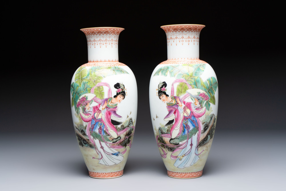 A pair of Chinese famille rose 'Dream of the Red Chamber 紅樓夢' vases, Jing De Zhen Zhi 景德鎮製 mark, signed Zhao Huimin 趙惠民, dated 1961