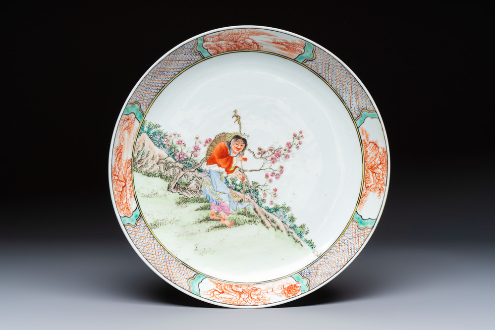 A Chinese famille rose 'Liuhai and the Three-Legged Toad' dish, 19th C.