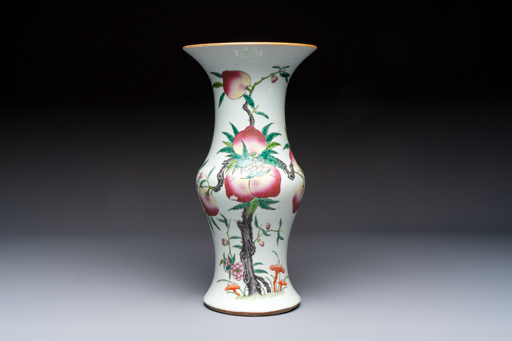 A Chinese famille rose 'Nine Peaches' 'Gu' vase, 19th C.
