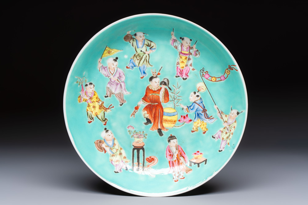 A Chinese famille rose turquoise-ground 'Playing Boys' plate, Qianlong mark, Republic