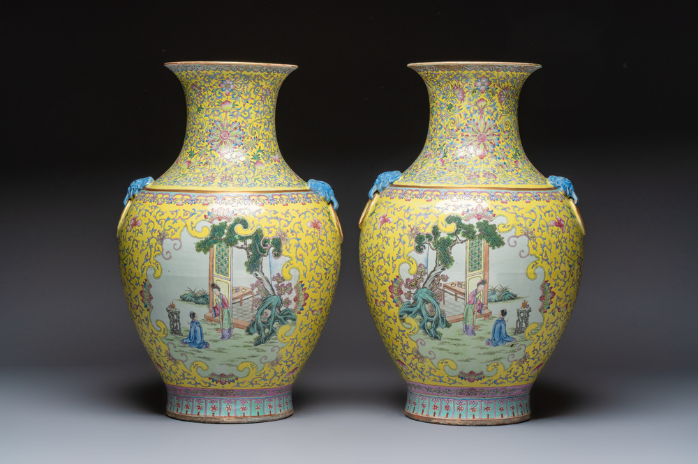 A pair of large Chinese famille rose yellow-ground 'Hu' vases with narrative design, Qianlong mark, Republic