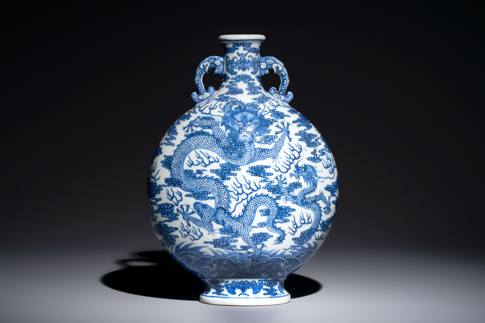 A Chinese blue and white moonflask vase with dragons, 'bianhu', Qianlong mark, Republic