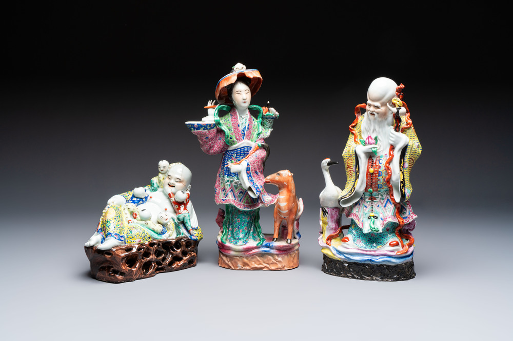 Three Chinese famille rose 'Milefo Buddha', 'Magu' and 'Shoulao' groups, 19/20th C.
