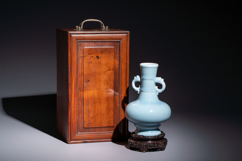 A Chinese claire-de-lune handled vase, with a wooden stand and its original hongmu box, Yongzheng mark, Republic